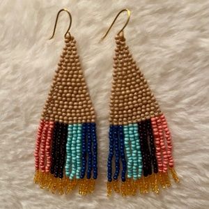 Tan hand beaded fringe earrings